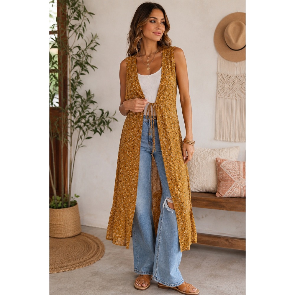 Liberty Love Floral Longline Duster Vest Tie Front‎ Sleeveless Large NWT